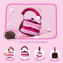Bazuuyu ⅛Sweetie-Raspberry Cake, Cute Plush Crossbody Bag, Kawaii Cartoon Handbag with Removable Strap, Sweet Aesthetic Plush Purse for Girls
